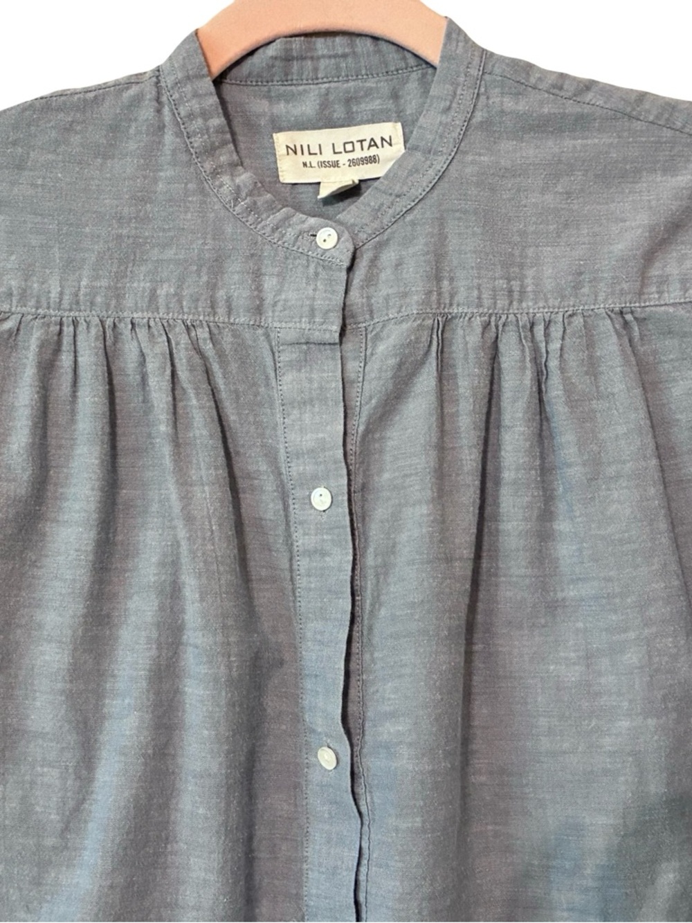 NILI LOTAN Neville Chambray Cotton Ruched Henley Blouse, Size XS.